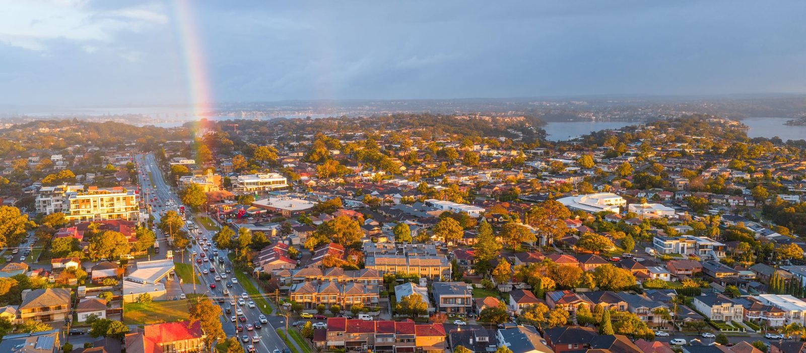 Aerial view of suburban Sydney at dusk